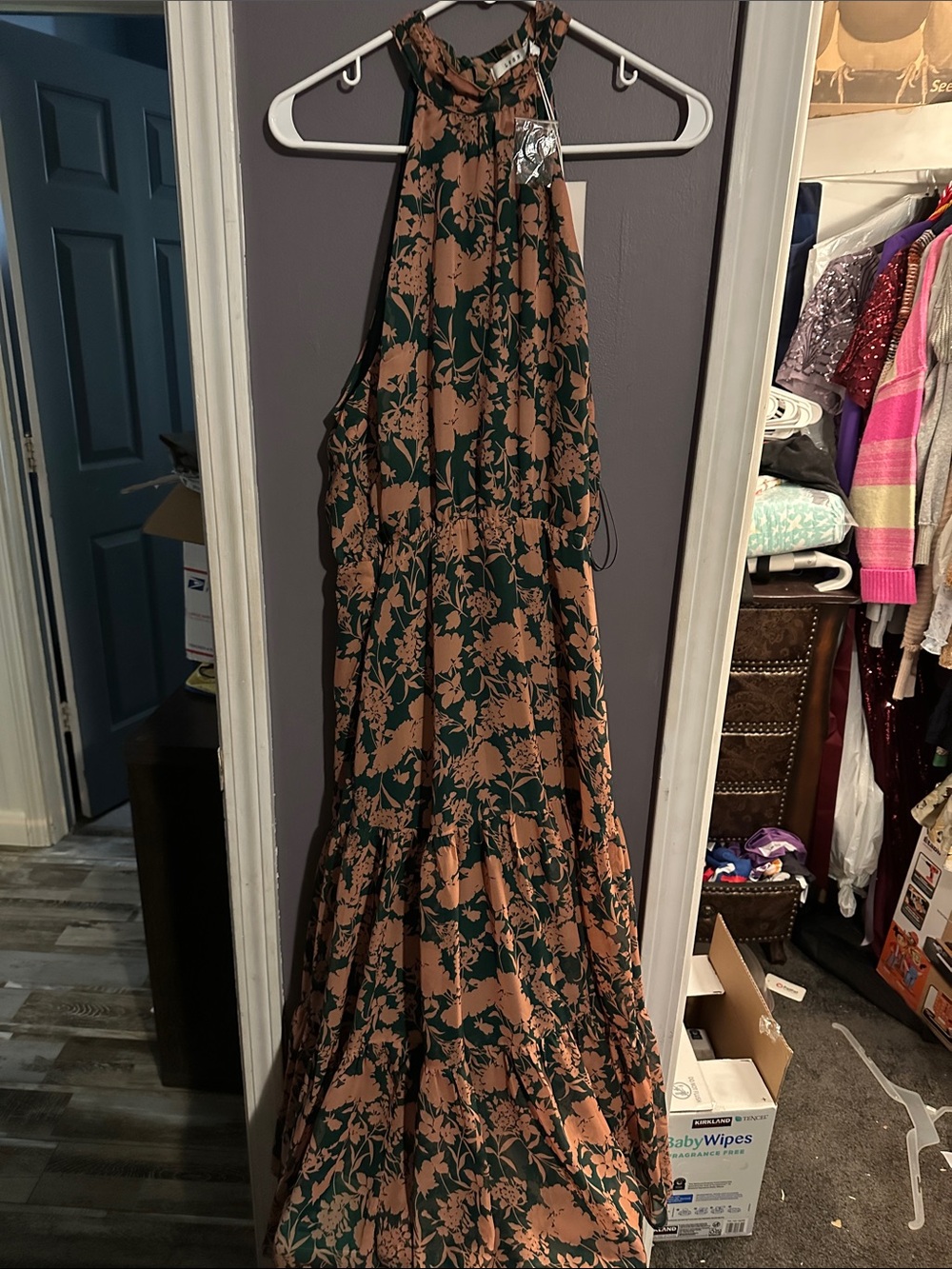 Lush Green and Brown Halter Floral Maxi Dress